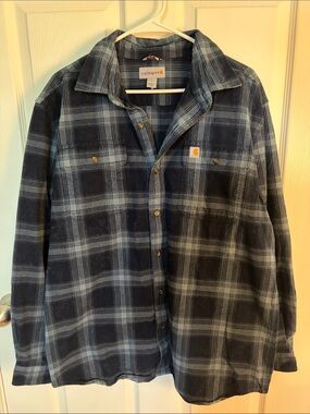 Carhartt Navy and Light Blue Plaid Button-Up Work Shirt